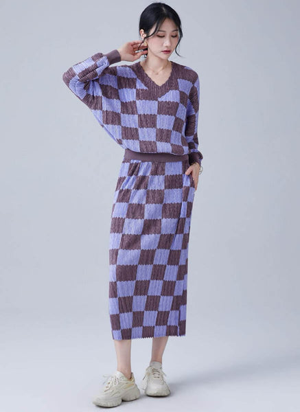 9240015 V-Neck Checked Pleats Top & Skirt Set *Purple *Last Set