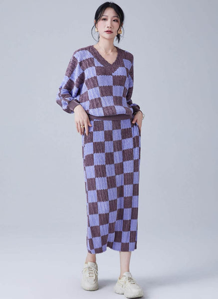 9240015 V-Neck Checked Pleats Top & Skirt Set *Purple *Last Set