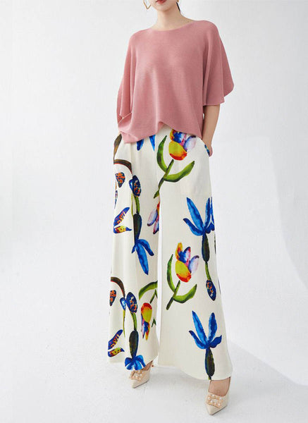 9240034 Floral Printed Pleated Pants *White