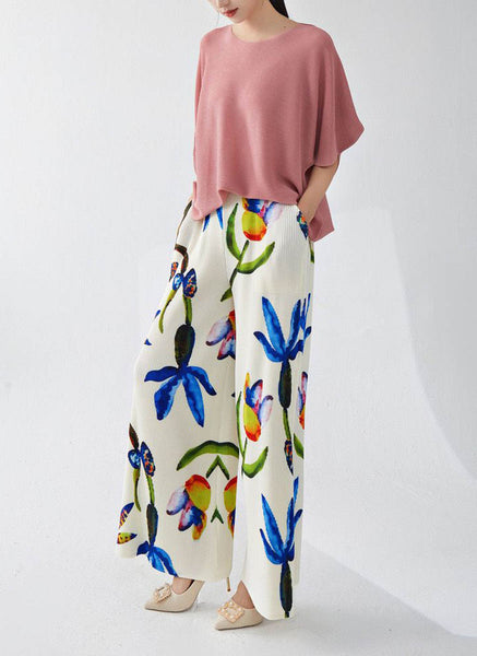 9240034 Floral Printed Pleated Pants *White