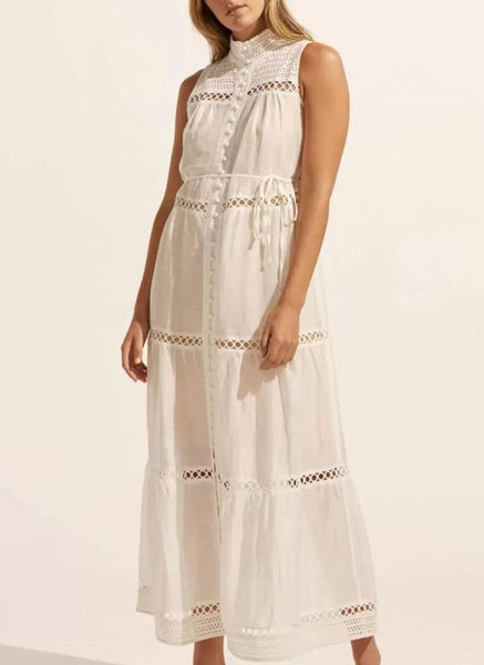 4250012 Hollow Embroidery Sleeveless Maxi Dress *White