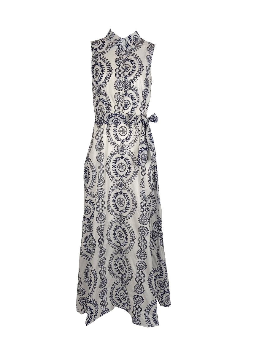 D210004 Embroidered Belted Long Dress *Blue