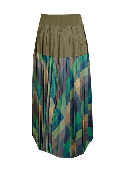 D230007 Geometric Printed Pleated Skirt *Green