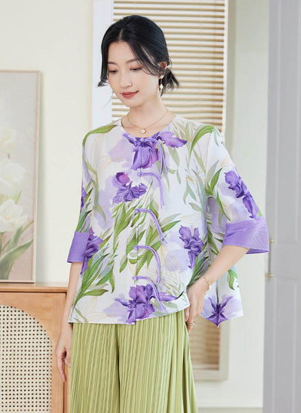 D240005 Printed Round Neck Sleeve Top *White