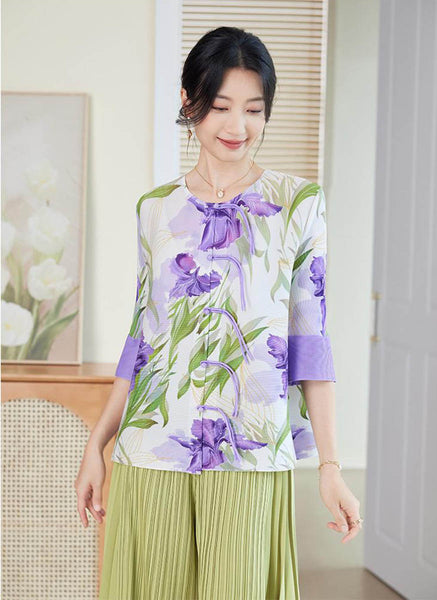 D240005 Printed Round Neck Sleeve Top *White