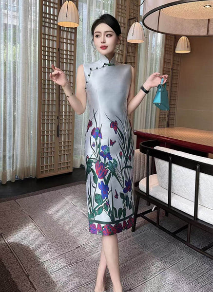 D240009 Mandarin Collar Printed Cheongsam