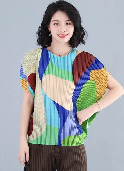 D240018 Short Sleeve Printed Pleats Top *Last Piece