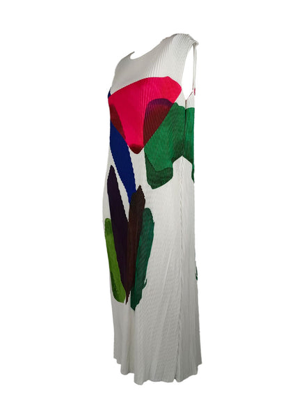 D240020 Printed Sleeveless Pleats Dress *White