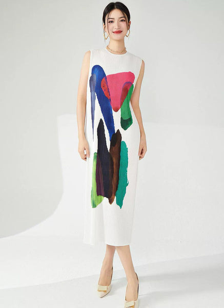 D240020 Printed Sleeveless Pleats Dress *White