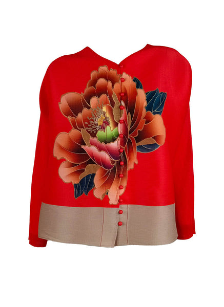 D240022 Long Sleeve Floral Printed Pleats Top