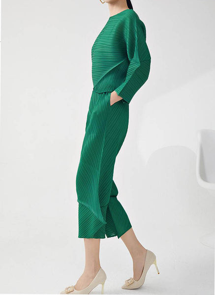 D240028 Special-Shaped Pleats Top & Pants Set *Green