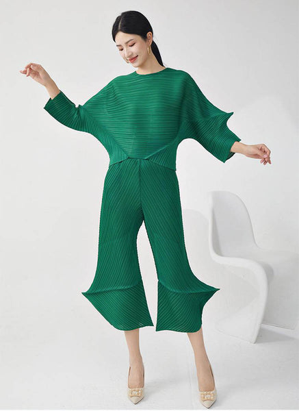 D240028 Special-Shaped Pleats Top & Pants Set *Green