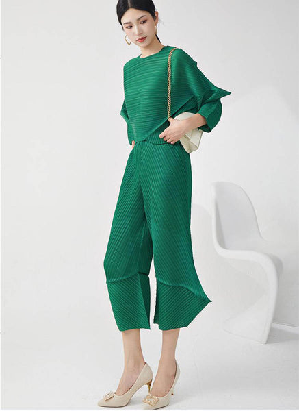 D240028 Special-Shaped Pleats Top & Pants Set *Green