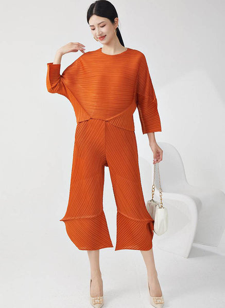 D240028 Special-Shaped Pleats Top & Pants Set *Orange