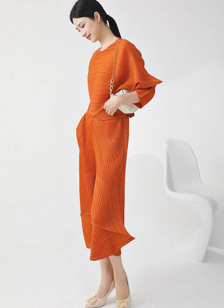 D240028 Special-Shaped Pleats Top & Pants Set *Orange