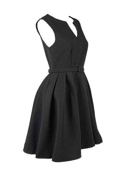 D240034 V-Neck Sleeveless Belt Tie Dress *Black