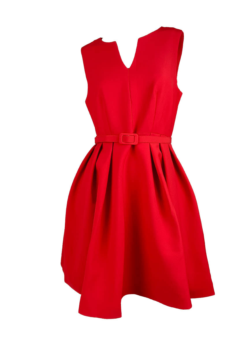 D240034 V-Neck Sleeveless Belt Tie Dress *Red