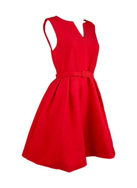 D240034 V-Neck Sleeveless Belt Tie Dress *Red