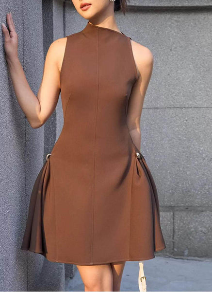 D240035 Asymmetrical Flared Mini Dress *Brown