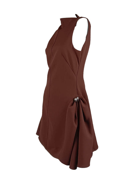 D240035 Asymmetrical Flared Mini Dress *Brown