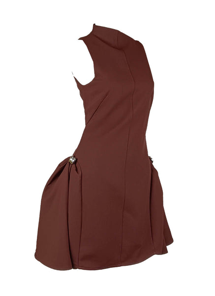 D240035 Asymmetrical Flared Mini Dress *Brown