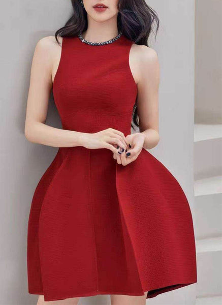 D240036 Diamond Collar Waist Dress *Red