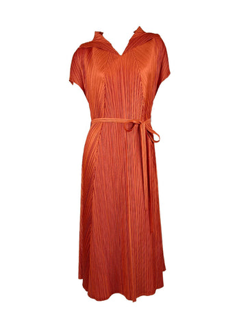 D240041 V-Neck Sleeveless Waist Tie Pleated Dress *Orange