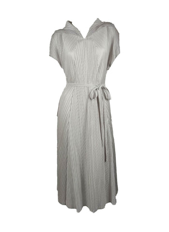 D240041 V-Neck Sleeveless Waist Tie Pleated Dress *Silver