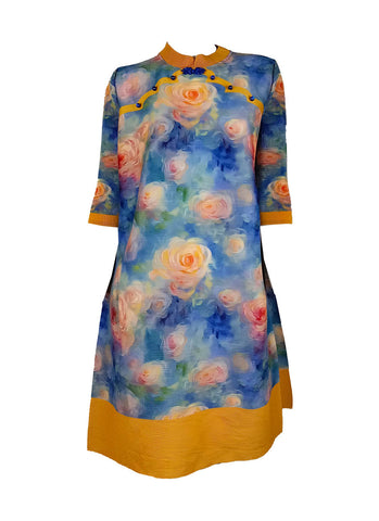 D240045 Floral Printed Long Sleeve Pleats Dress