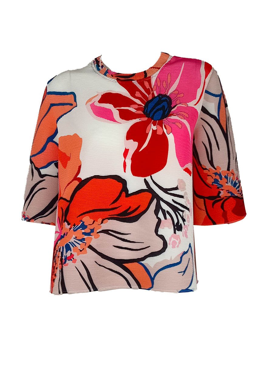 D240048 Round Neck Floral Printed Pleats Top *Pink