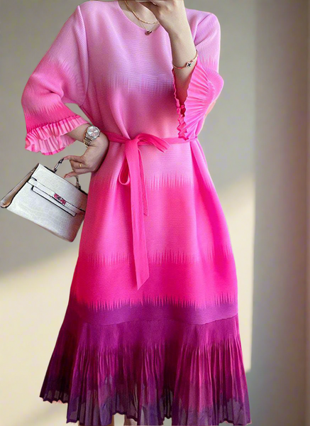 N240029 Trumpet Sleeved Pleats Dress *Pink