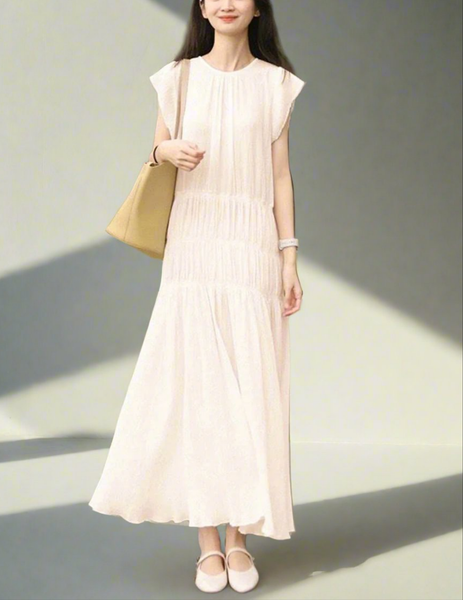 O240060 Cap Sleeve Long Dress *Beige