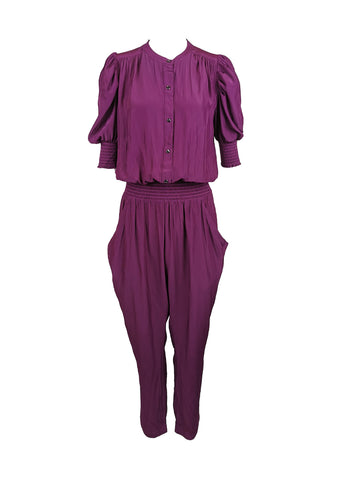 N220075 Puffy Sleeve Gathered Waist Jumpsuits *Purple