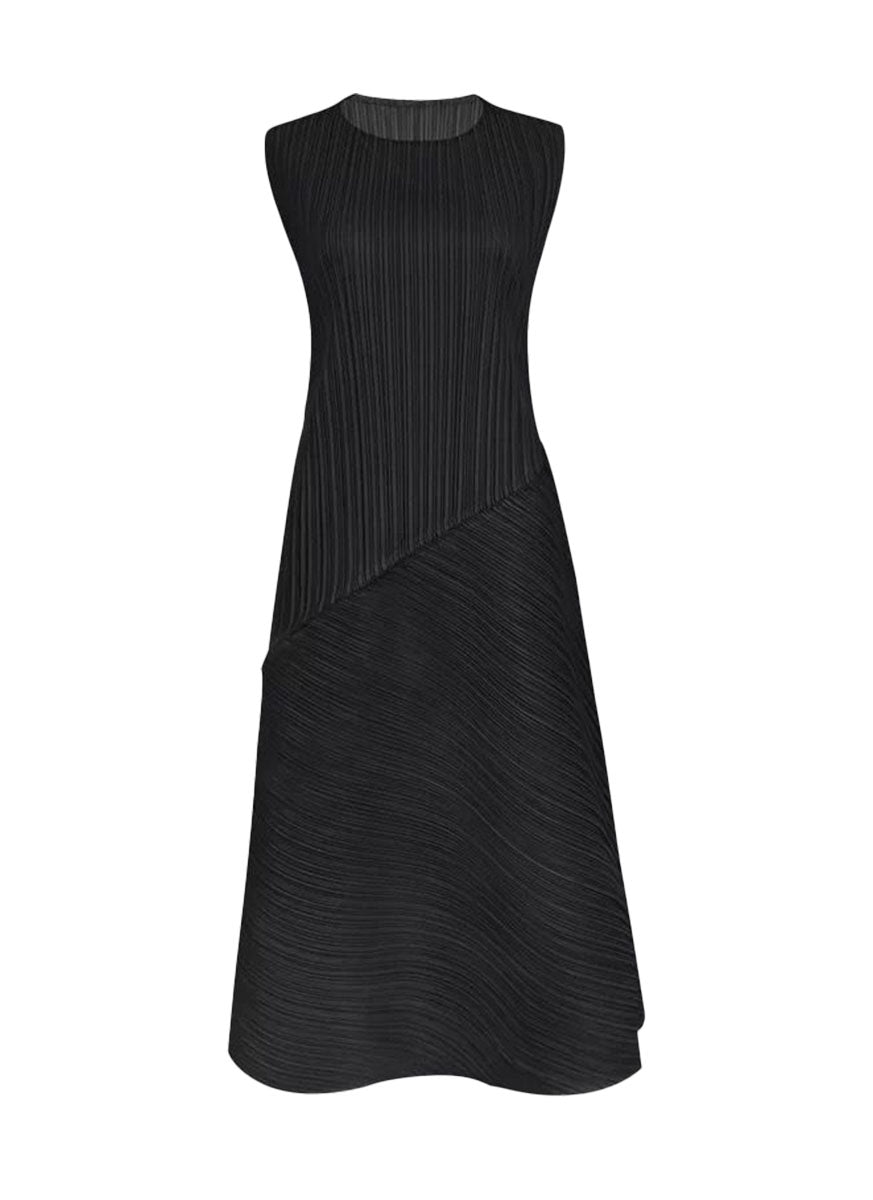 N240001 Round Neck Sleeveless Pleated Dress *Black