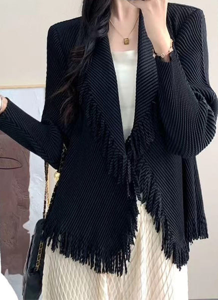 N240004 Long-Sleeve Pleated Tassel Jacket *Black