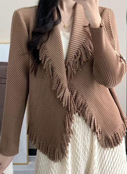 N240004 Long-Sleeve Pleated Tassel Jacket *Brown