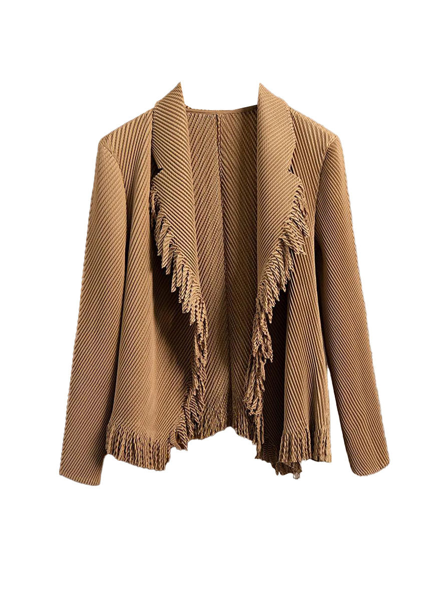 N240004 Long-Sleeve Pleated Tassel Jacket *Brown