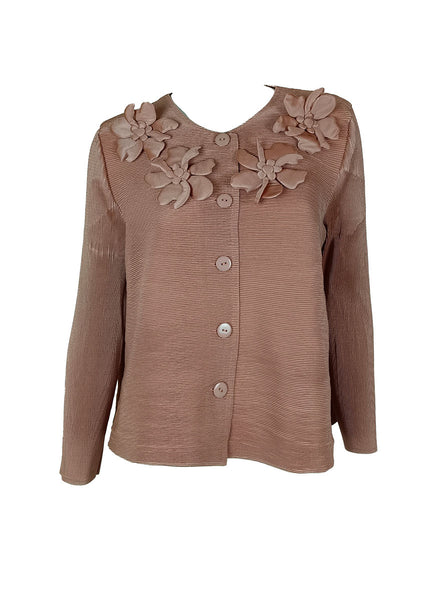 N240006 Floral Embroidery Pleated Jacket *Pink