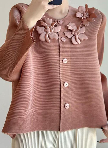 N240006 Floral Embroidery Pleated Jacket *Pink