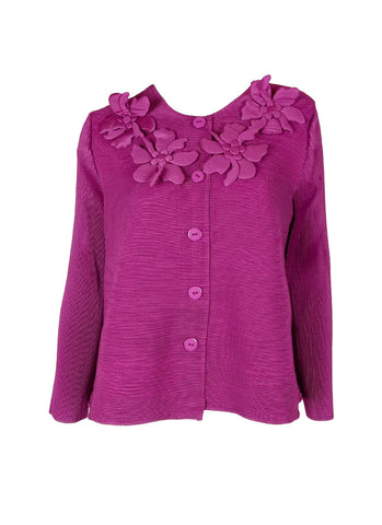 N240006 Floral Embroidery Pleated Jacket *Rose Red