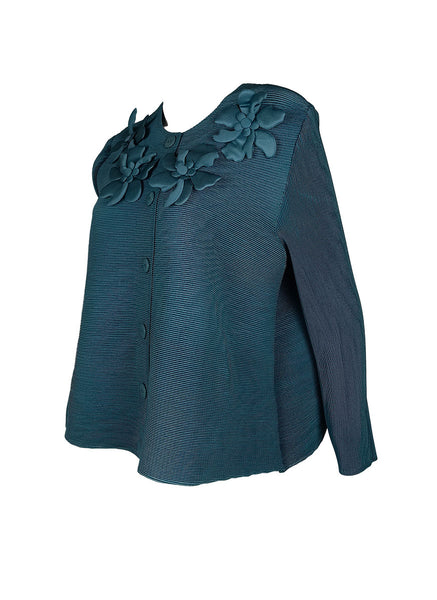 N240006 Floral Embroidery Pleated Jacket *Green