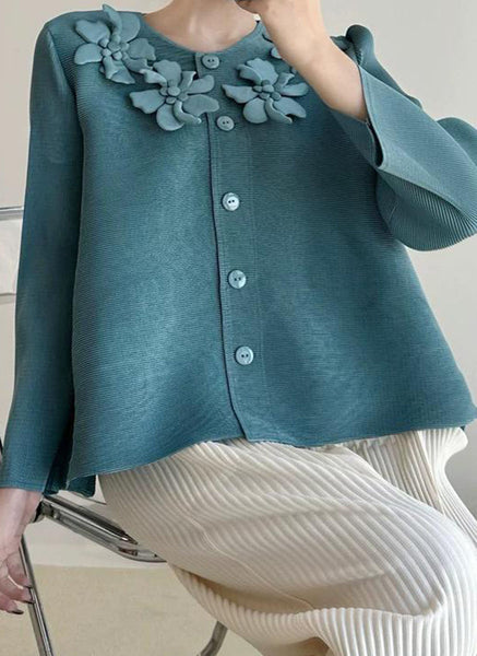 N240006 Floral Embroidery Pleated Jacket *Green