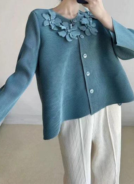 N240006 Floral Embroidery Pleated Jacket *Green