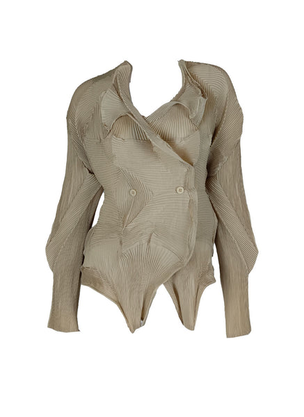 N240008 Irregular Long-Sleeve Pleated Top *Beige