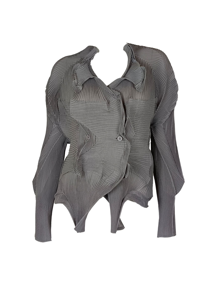 N240008 Irregular Long-Sleeve Pleated Top *Grey