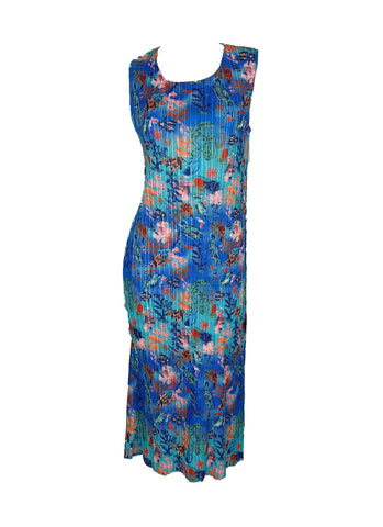 N240010 Floral Printed Sleeveless Pleats Dress *Blue