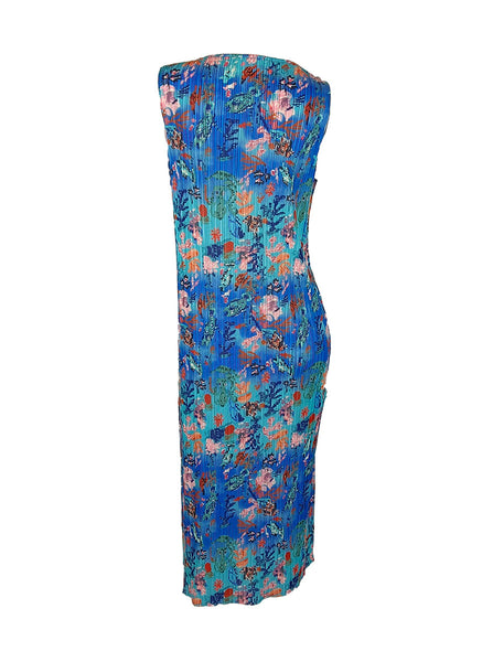 N240010 Floral Printed Sleeveless Pleats Dress *Blue