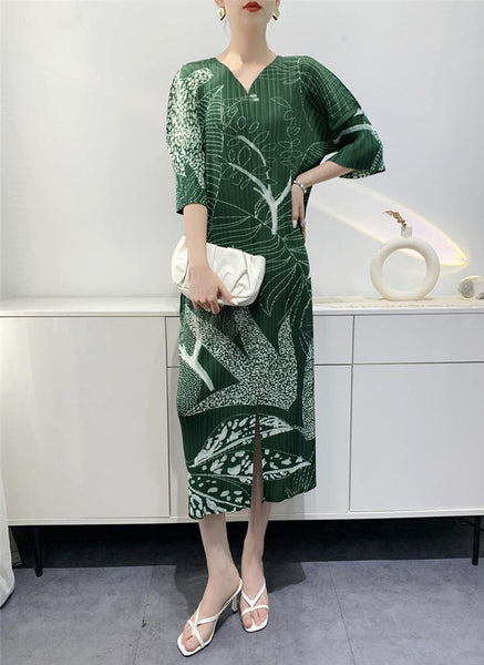 N240011 V-Neck Printed Short-Sleeve Pleats Dress *Green