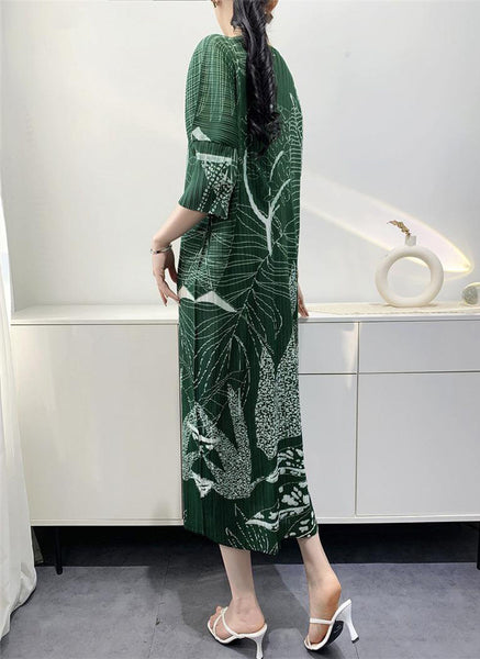 N240011 V-Neck Printed Short-Sleeve Pleats Dress *Green