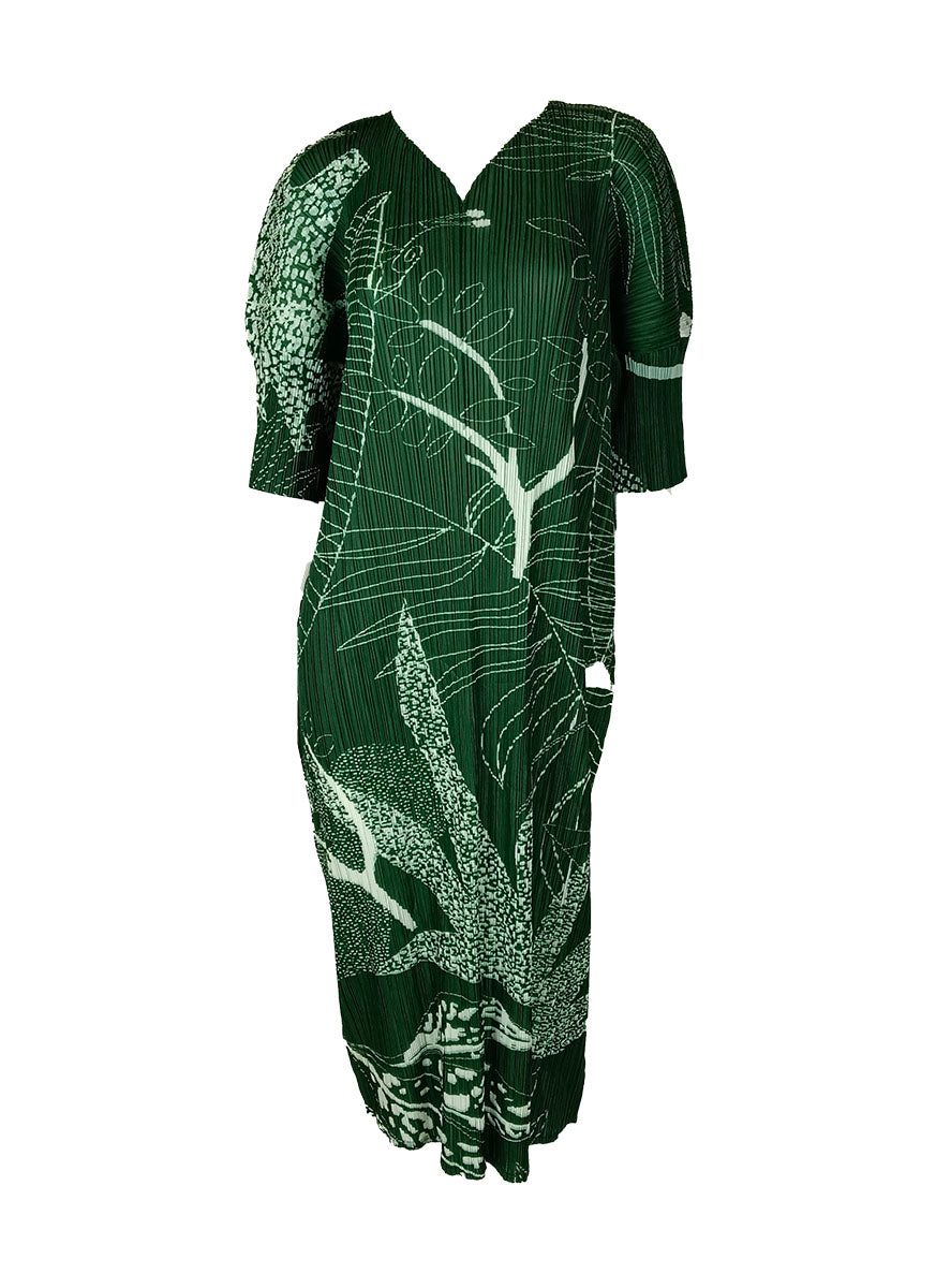 N240011 V-Neck Printed Short-Sleeve Pleats Dress *Green